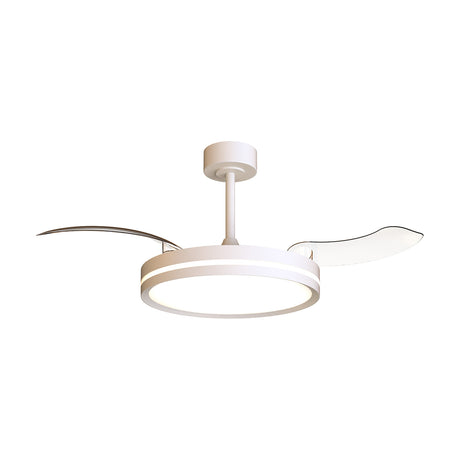 Villena ceiling fan with light in white, round LED diffuser with two curved blades, mounted on a straight rod, shown against a plain white background.