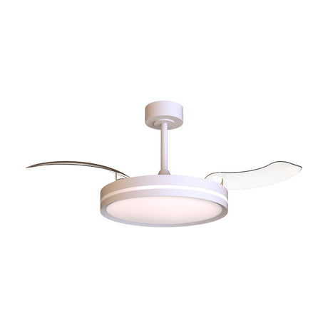 White ceiling fan with integrated LED light, round white diffuser, three curved blades extended, on a plain white background.