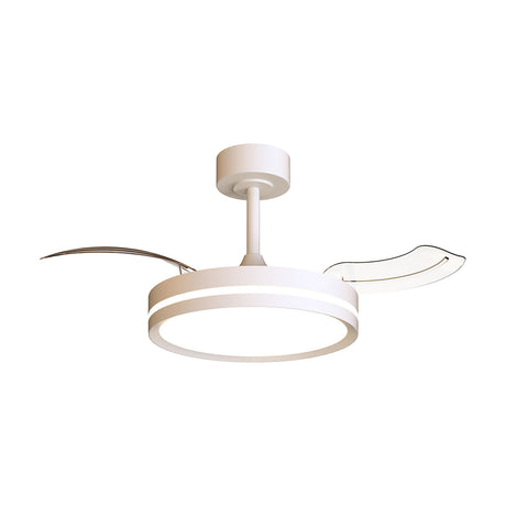 Villena white ceiling fan with LED light, round drum-style diffuser and two retractable curved blades, mounted on a short white ceiling rod, shown on a plain white background.