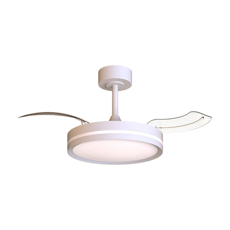 Villena 91cm ceiling fan with LED light, white body with retractable curved blades and a round illuminated diffuser, shown on a plain white background.