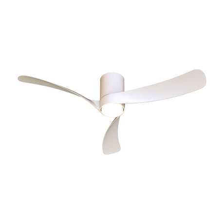 Nemo ceiling fan with integrated LED light, featuring three curved white blades, a cylindrical white motor housing and a central round light globe, shown on a plain white background.