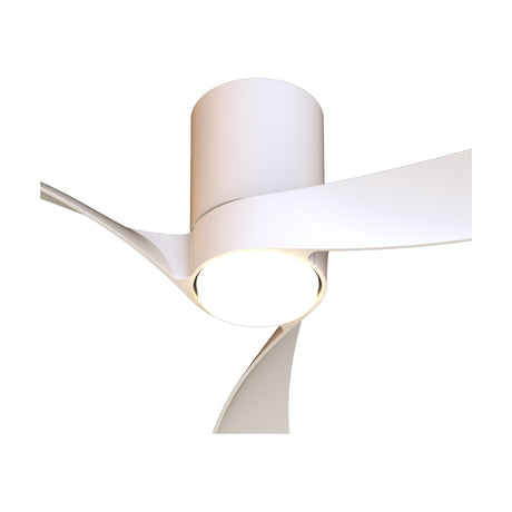 Nemo ceiling fan with integrated light, white curved blades wrapped around a cylindrical mount and a round LED shade, shown on a plain white background.
