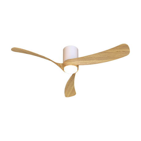 Nemo ceiling fan with light, three curved wood-tone blades and a white cylindrical housing with integrated LED light, shown on a plain white background.