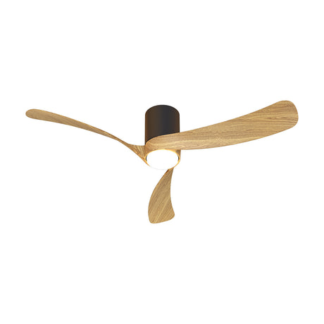 Nemo ceiling fan with integrated LED light, three wood-tone blades and a black cylindrical motor housing, opal glass diffuser glowing at the centre, shown on a plain white background.