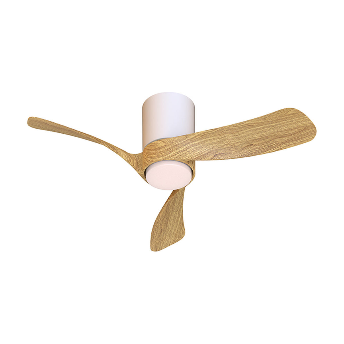Nemo 72cm ceiling fan with integrated LED light, featuring three wood-finish blades and a white cylindrical motor housing with round light diffuser, shown on a plain white background.