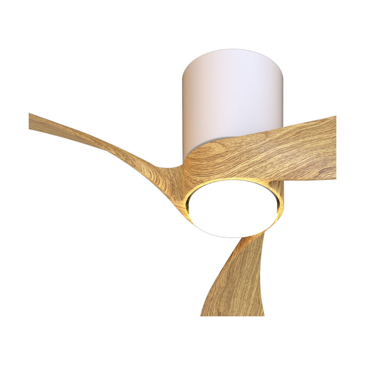 Nemo 72cm ceiling fan with light, close-up of wood-finish blades and white cylindrical LED shade, dimmable design shown against a plain white background.