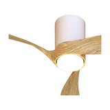 Nemo 72cm ceiling fan with light, close-up of wood-finish blades and white cylindrical LED shade, dimmable design shown against a plain white background.