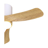 Close-up of the Nemo 72cm ceiling fan with light, showing a curved wood-effect blade against a white motor housing, set on a plain background.
