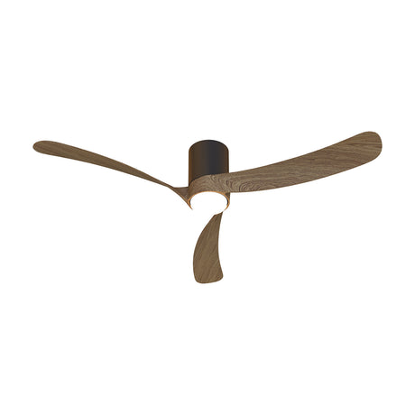Nemo ceiling fan with integrated LED light, featuring a black motor housing and three curved walnut-finish blades with a central round light diffuser, shown on a plain white background.