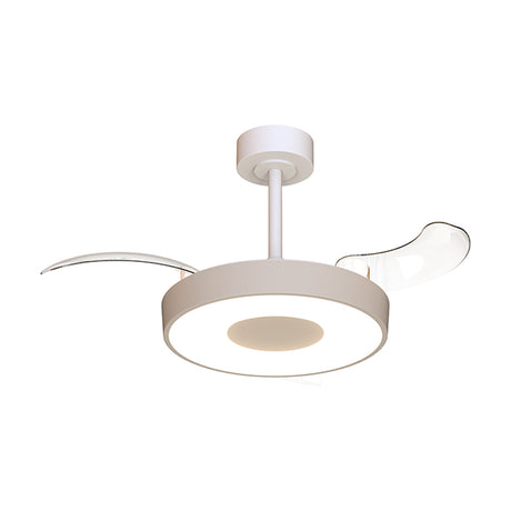 Coin 36W ceiling fan with light, beige disc fixture with retractable curved blades and central LED panel, shown on a white background.