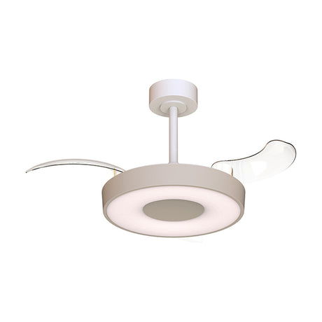 Coin 36W ceiling fan with light, 91cm span, beige disc fixture with retractable transparent blades and integrated LED ring, shown on a plain white background.