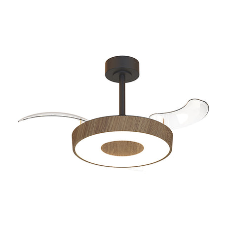 Coin 36W ceiling fan with light, 91cm walnut-finish retractable blades and black body with a round LED ring shade, shown on a plain white background.