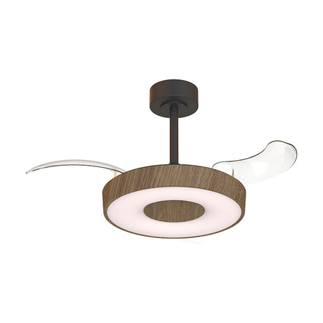 Coin 36W Ceiling Fan with Light, 91cm walnut-finish blades and black body, integrated LED ring shade, shown on a plain white background.