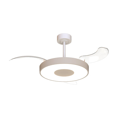 Beige Coin 40W ceiling fan with integrated LED panel, central cover, and three transparent retractable blades, mounted on a white rod against a plain background.