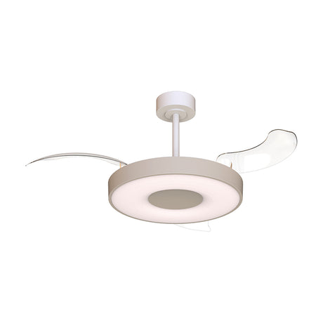 Coin 40W ceiling fan with light in beige, featuring a round LED disc housing with retractable clear blades, mounted on a white ceiling rod against a plain white background.