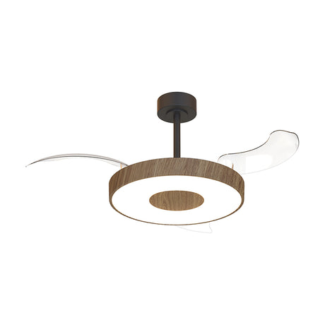 Coin ceiling fan with light, walnut drum-shaped LED shade with black centre and mount, retractable transparent fan blades, on a plain white background.