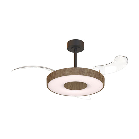 Coin 40W Ceiling Fan with Light in walnut with black fittings, round LED ring shade and retractable transparent fan blades, on a plain white background.