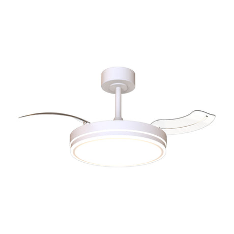Luna 91cm ceiling fan with LED light in white, round flat diffuser centre, retractable blades extended, mounted on a short ceiling rod, shown on a plain white background.