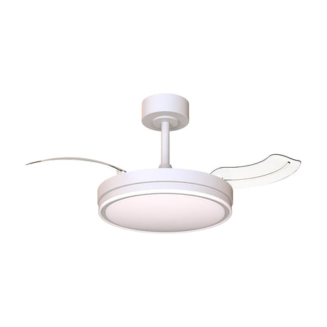 Luna 91cm ceiling fan with light in white, round LED diffuser centre, retractable blades partly extended, mounted on a slim ceiling rod against a plain background.
