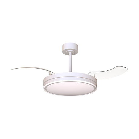 Luna 36W Ceiling Fan with Light in white, featuring a round flat LED panel with three curved retractable blades on a short ceiling rod, shown on a plain white background.