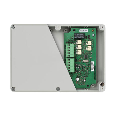 ESP MAGPRO-1OSi supervised output module with isolator, grey ABS enclosure partly open to reveal green PCB with terminal blocks and relay.