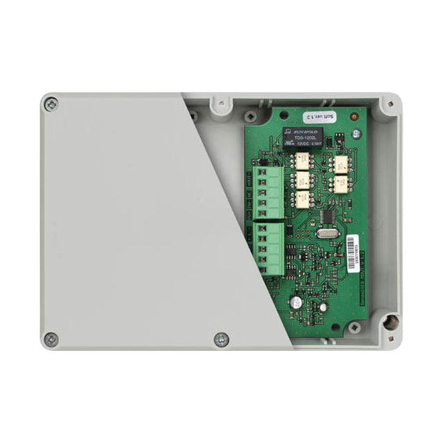 ESP MAGPRO-1OSi supervised output module with isolator, grey ABS enclosure partly open to reveal green PCB with terminal blocks and relay.