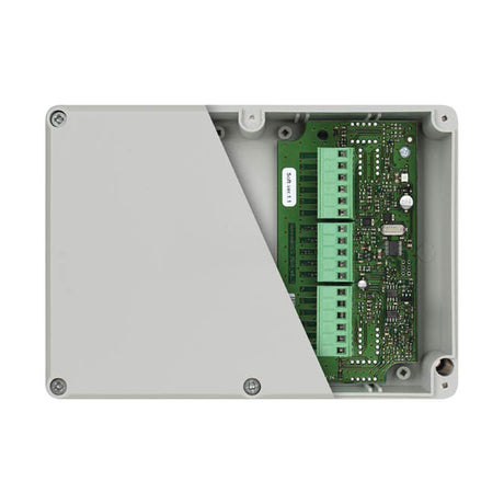 ESP Magfire addressable 4 input module with isolator, showing green PCB and terminal blocks inside a light grey ABS enclosure on a white background.