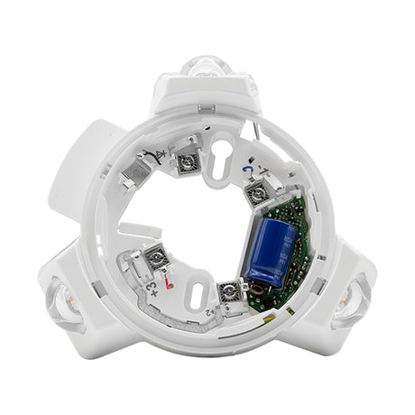 ESP MAGPRO addressable EN54-23 VAD base in white ABS with exposed terminals, blue capacitor, circuit board and clear LED lenses on a white background.