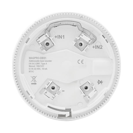 ESP MAGfire MAGPRO addressable fire sounder base in white, circular deep base with +IN1, +IN2 and terminal contacts, shown on a white background.