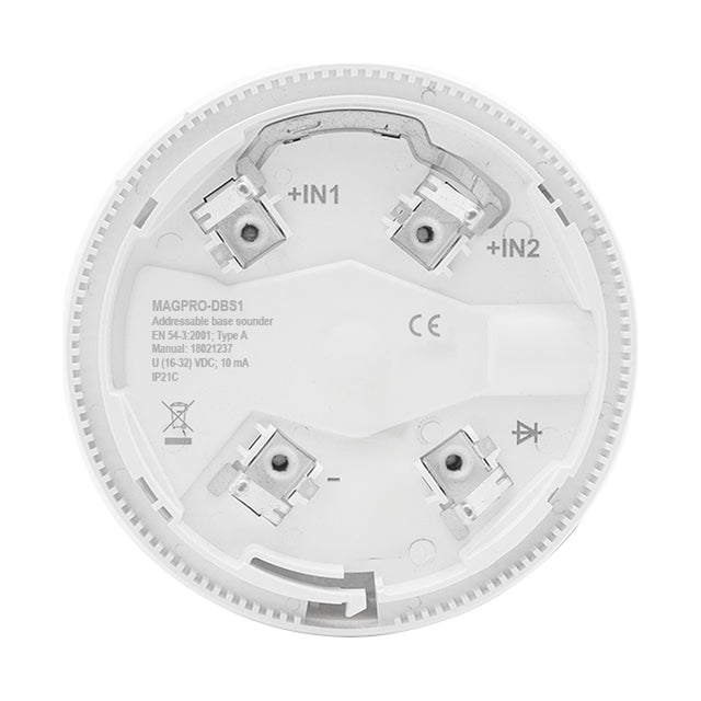ESP MAGfire MAGPRO addressable fire sounder base in white, circular deep base with +IN1, +IN2 and terminal contacts, shown on a white background.