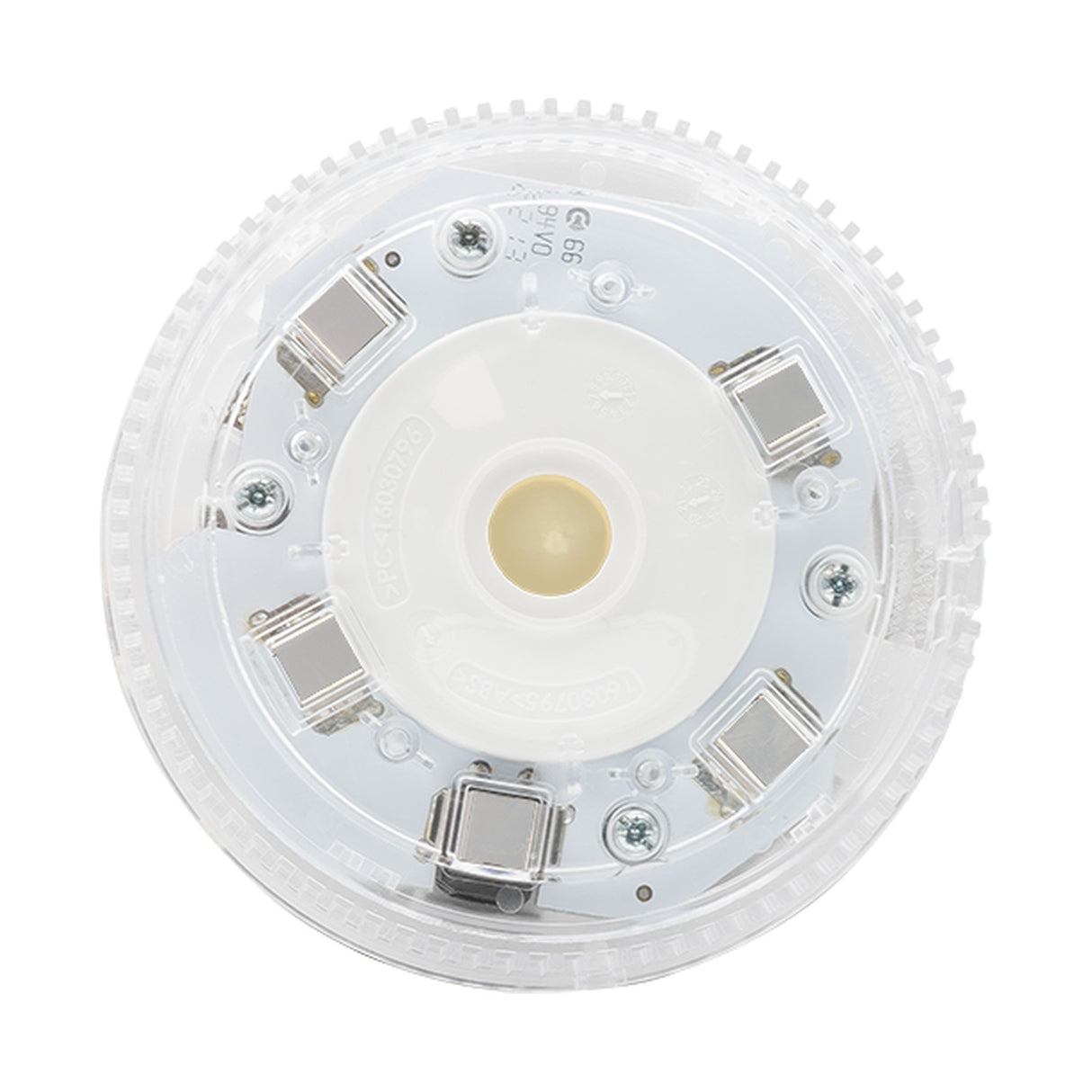 ESP MAGPRO addressable fire sounder strobe viewed from below, showing white base with clear cover, central LED strobe and surrounding sounder components.