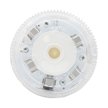 ESP MAGPRO addressable fire sounder strobe viewed from below, showing white base with clear cover, central LED strobe and surrounding sounder components.