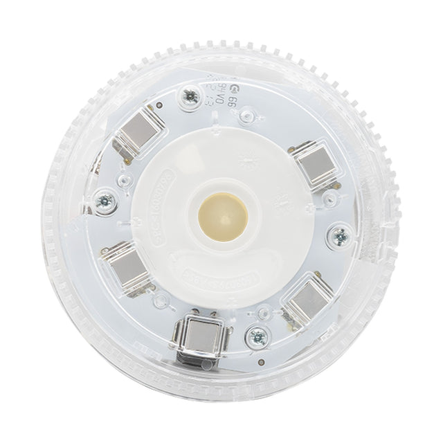 ESP MAGPRO addressable fire sounder strobe viewed from below, showing white base with clear cover, central LED strobe and surrounding sounder components.