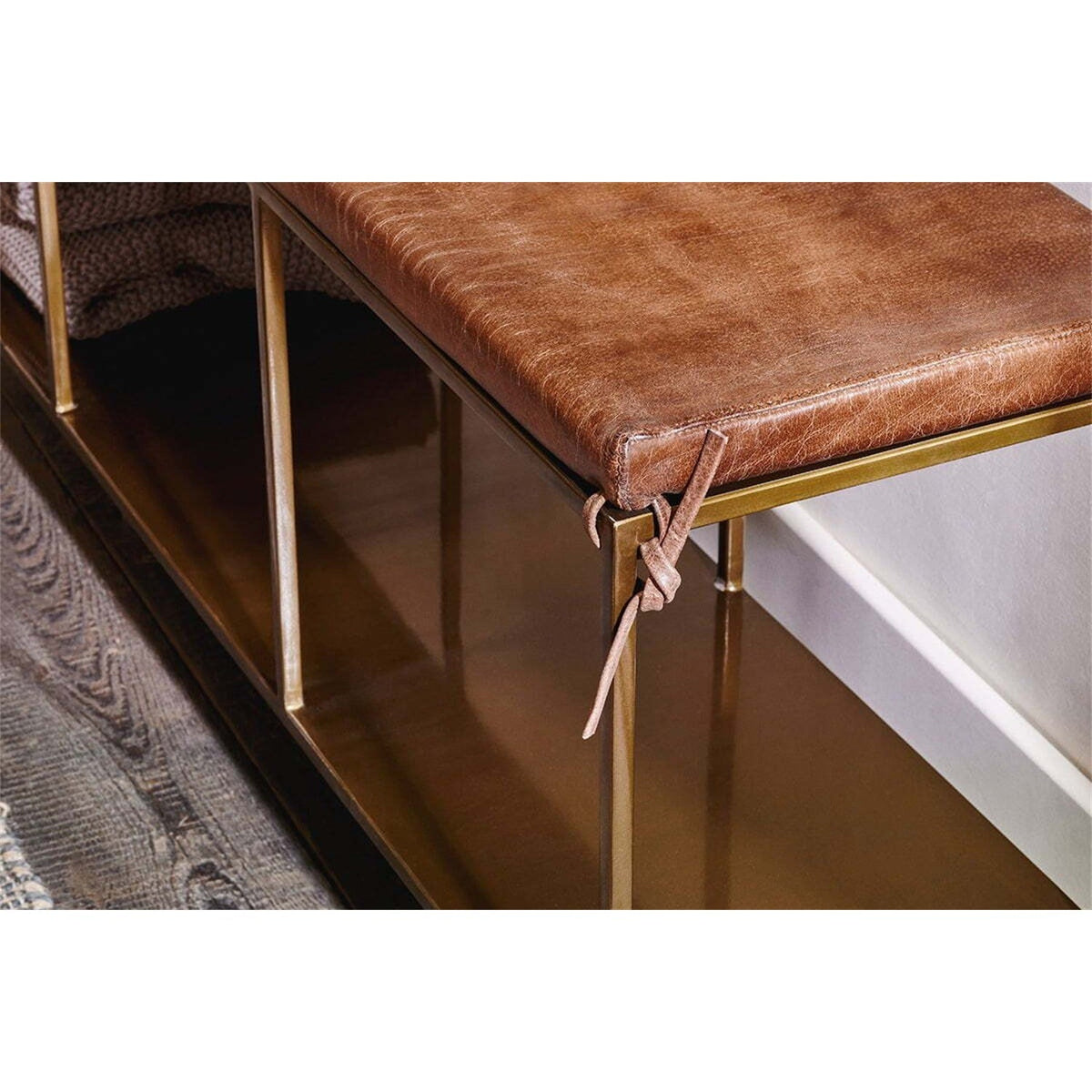 Mahi Iron & Leather Bench - Antique Brass