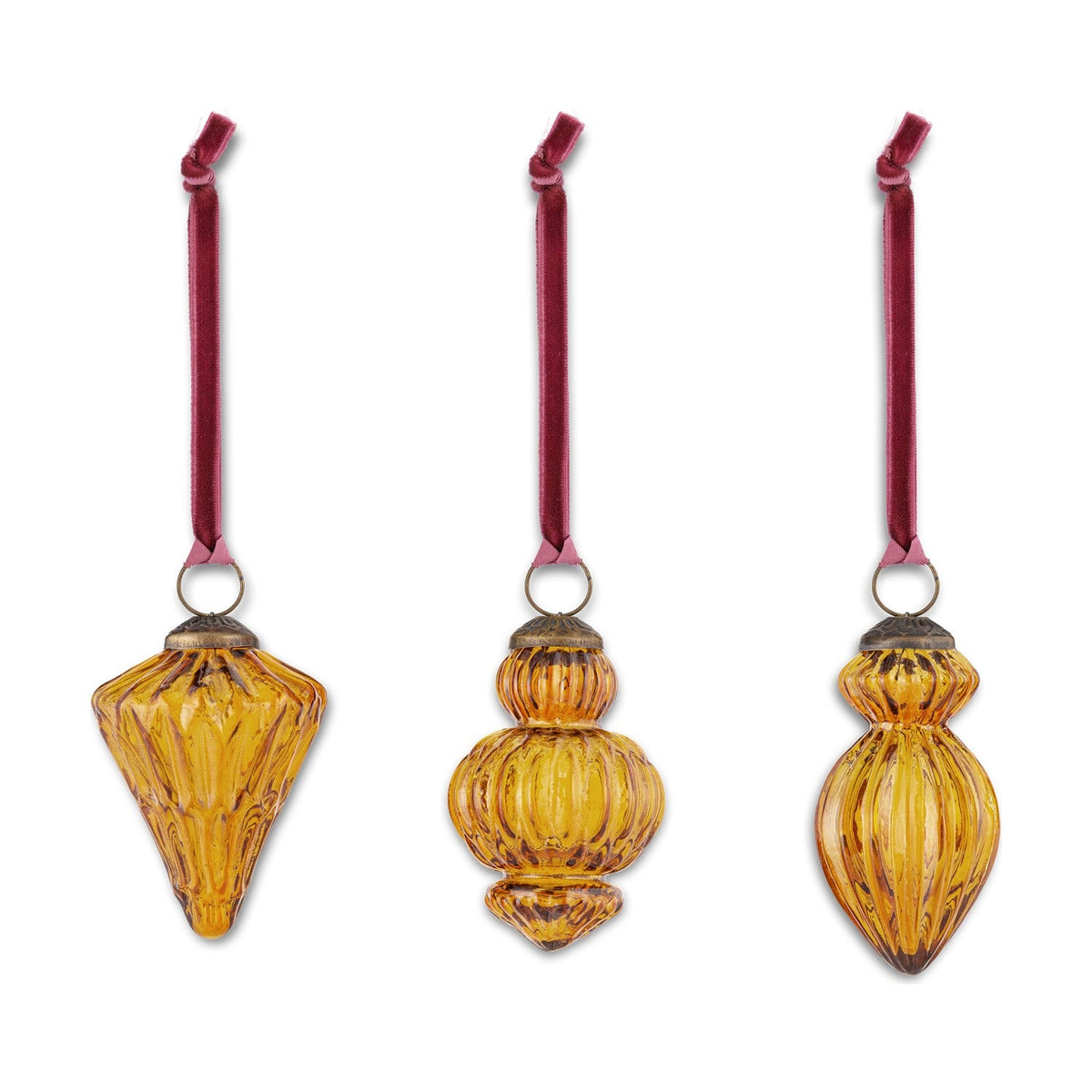 Manipur Ribbed Glass Baubles - Amber - Set of 3