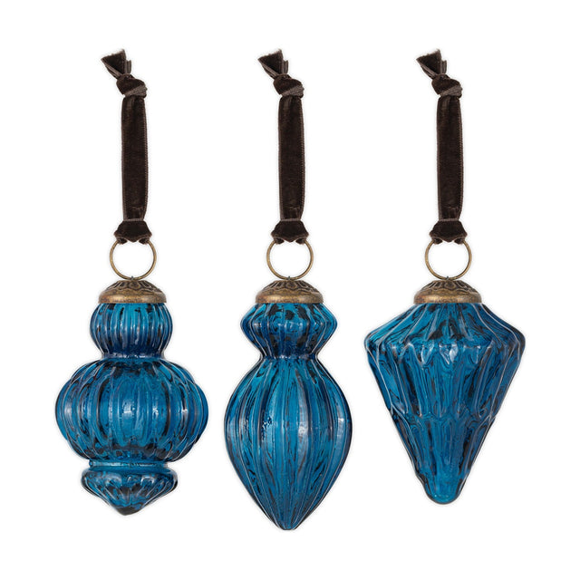 Manipur Ribbed Glass Baubles - Indigo - Set of 3
