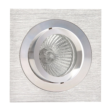 Basico square downlight in satin nickel with polished chrome inner ring, tiltable GU10 lamp fitted, 92mm face, shown on a plain white background.