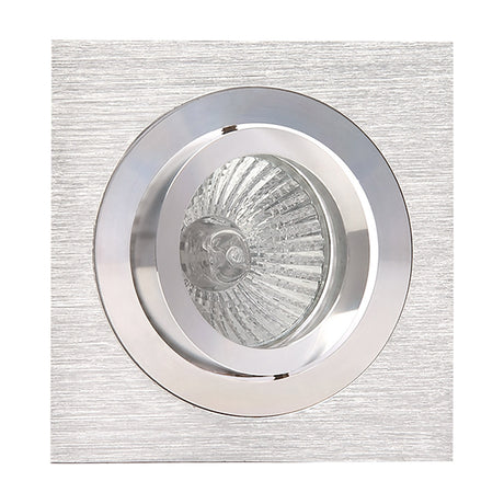 Square satin nickel downlight with polished chrome tilting bezel, 80mm cut-out, GU10 lampholder fitted, shown on a plain white background.