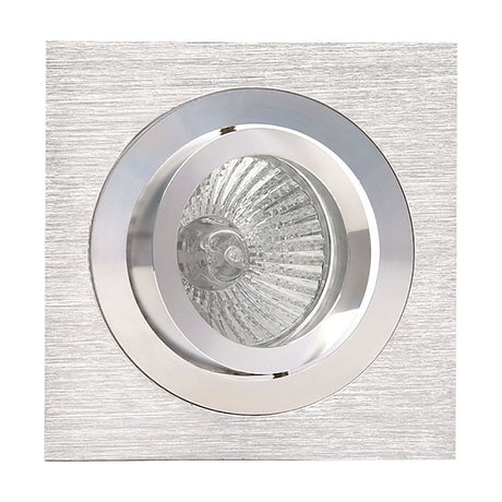 Basico square downlight in satin nickel with polished chrome, 80mm cut-out, showing a swivel GU10 lampholder, on a plain white background.