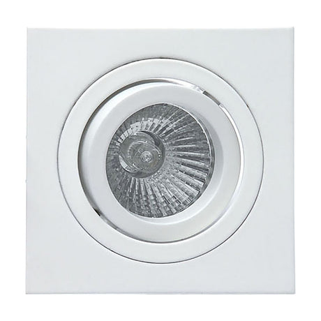 Basico square downlight in matt white aluminium with a tilting inner ring and fitted GU10 lampholder, shown on a plain white background.