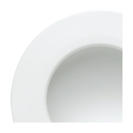 Close-up of the Cabrera recessed downlight, 95mm cut-out, with a round matt white aluminium trim and shallow inset LED, shown against a plain white background.