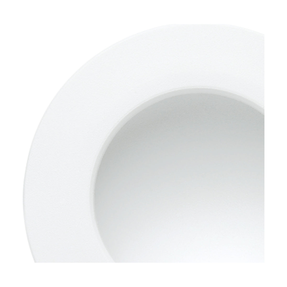 Close-up of the Cabrera Downlight, a round recessed ceiling fixture in matt white aluminium with a smooth rim, shown against a plain white background.