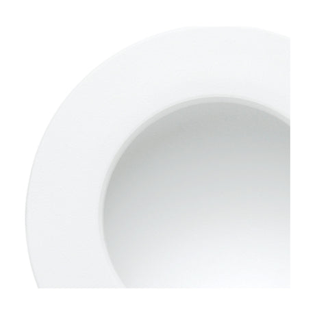 Close-up of the Cabrera Downlight, a round recessed ceiling fixture in matt white aluminium with a smooth rim, shown against a plain white background.