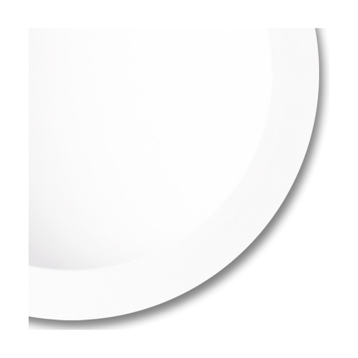 Close-up of the Cabrera Downlight, 285mm cut-out, 30W 3000K, showing its round matt white rim and flush recessed face against a plain white background.