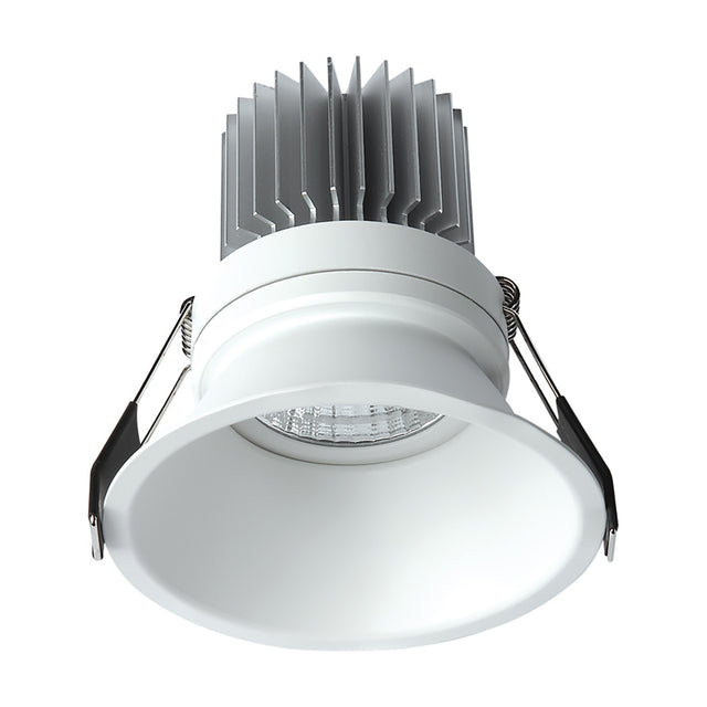 Formentera Recessed Downlight in matt white with a round trim, integrated LED module, spring clips, and a finned metal heat sink, shown on a plain white background.
