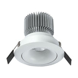 Formentera Round Downlight with matt white bezel and adjustable swivel ring, integral LED, aluminium heat sink visible above, shown on plain white background.