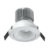 Formentera Round Downlight in matt white with tilting head, integrated LED, and finned aluminium heat sink, shown with mounting clips on a plain white background.