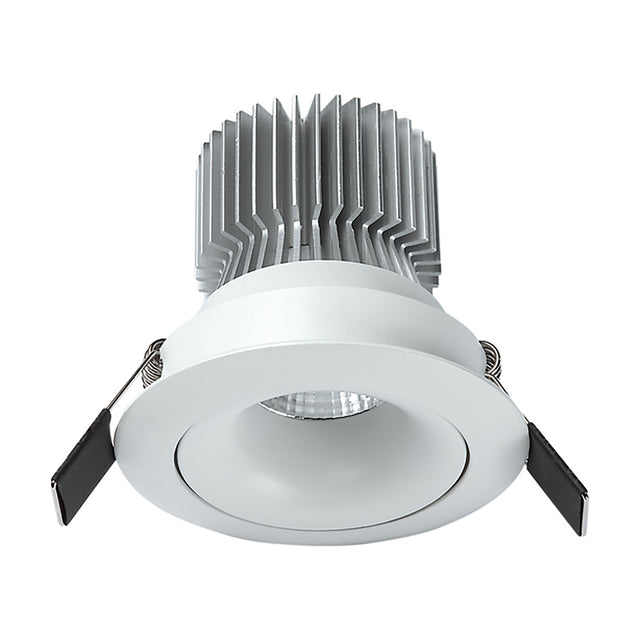 Formentera Recessed Downlight in matt white aluminium with adjustable round trim, integrated COB LED, and mounting clips, shown on a plain white background.