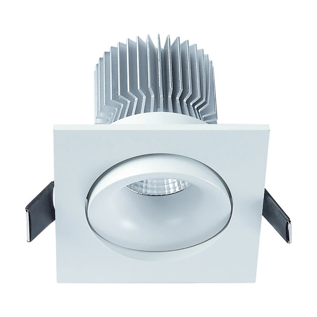 Formentera Square Downlight in matt white with adjustable round aperture, integrated LED, and visible aluminium heat sink fins, shown on a plain white background.