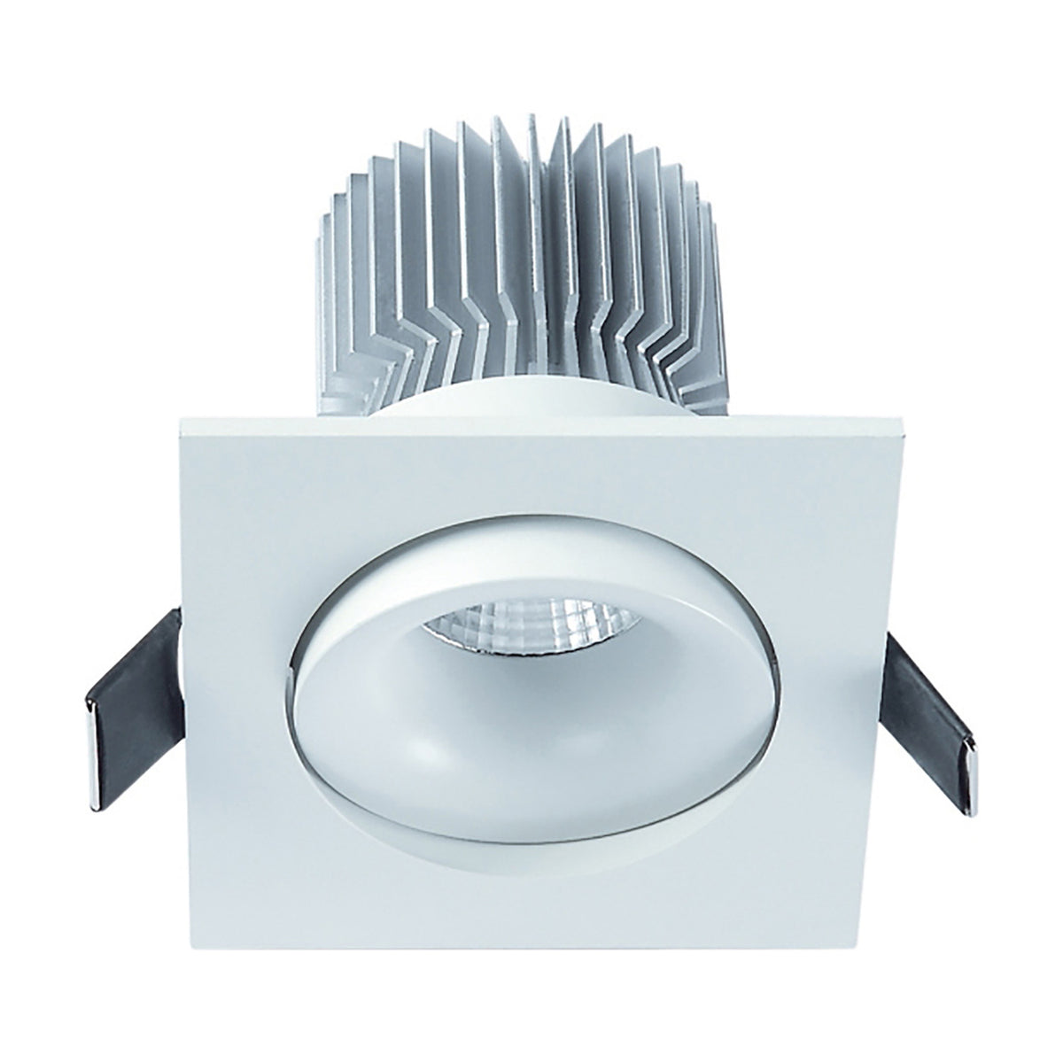 Formentera square downlight in matt white with a swivelling round LED head and visible heat sink fins, 70mm cut-out, 4000K cool white, shown on a plain white background.